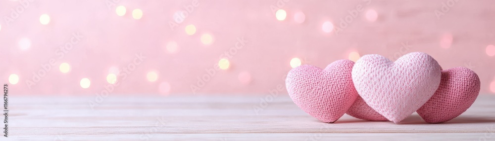 Soft pink hearts on a wooden surface, illuminated by gentle bokeh lights, create a romantic and dreamy atmosphere. Soft pink hearts on a wooden surface, illuminated by gentle bokeh lights, create a romantic and dreamy atmosphere.