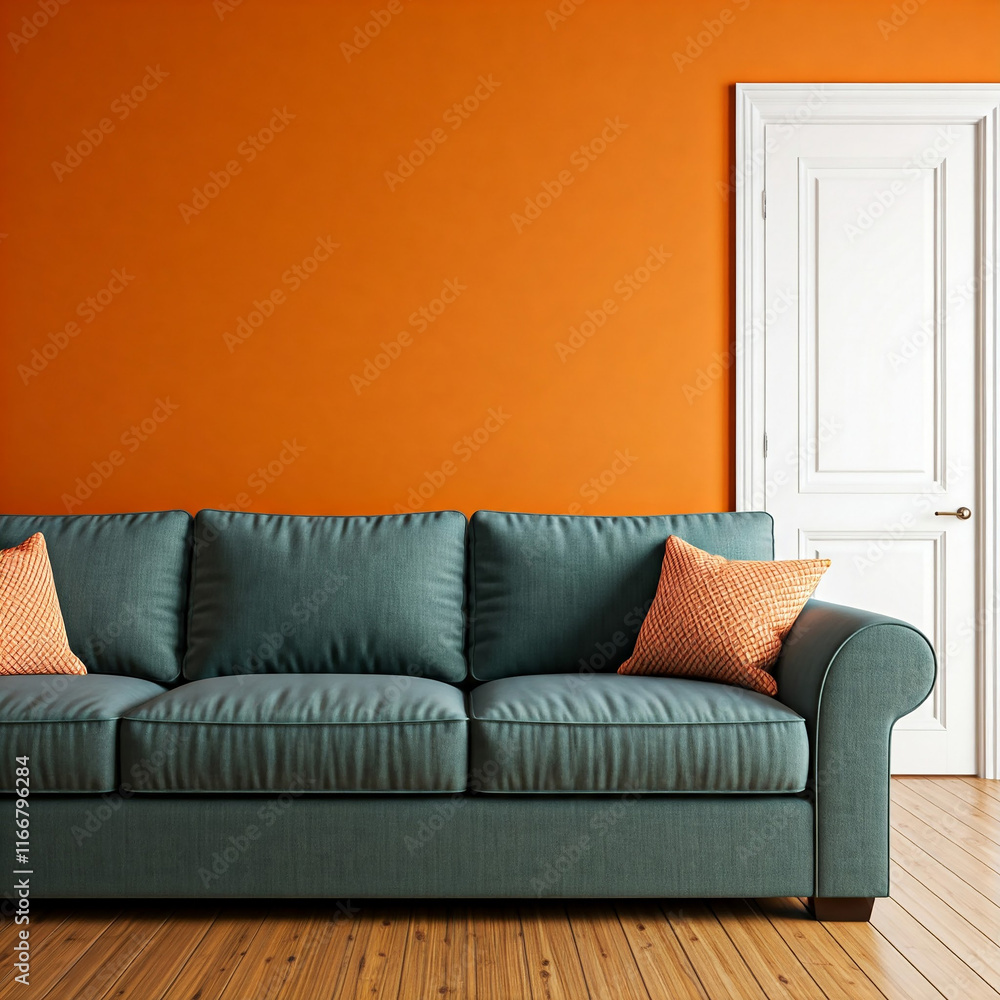 Fototapeta premium interior of a vibrant color room with a sofa. A modern living room sofa is positioned against an vibrant orange wall with a white classic door in background.