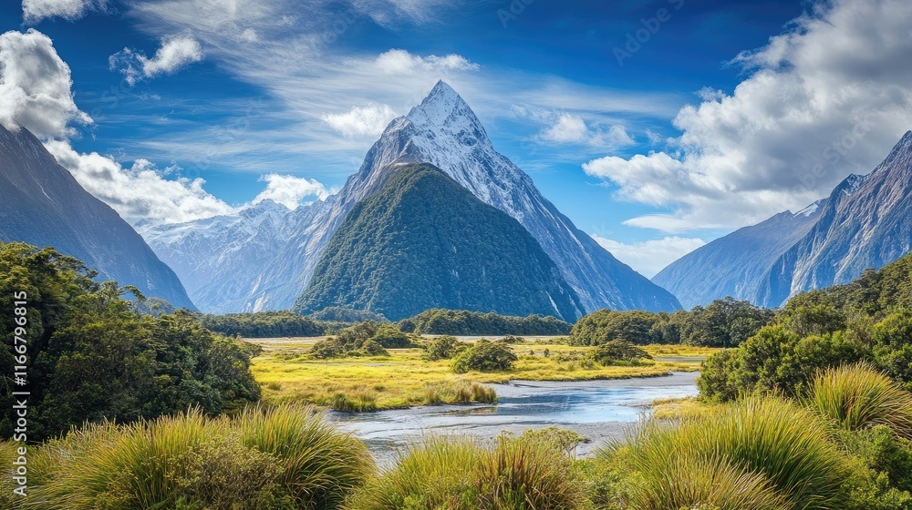 Fototapeta premium Majestic mountain landscape featuring snow-capped peaks lush valleys and vibrant greenery ideal for nature lovers and outdoor enthusiasts
