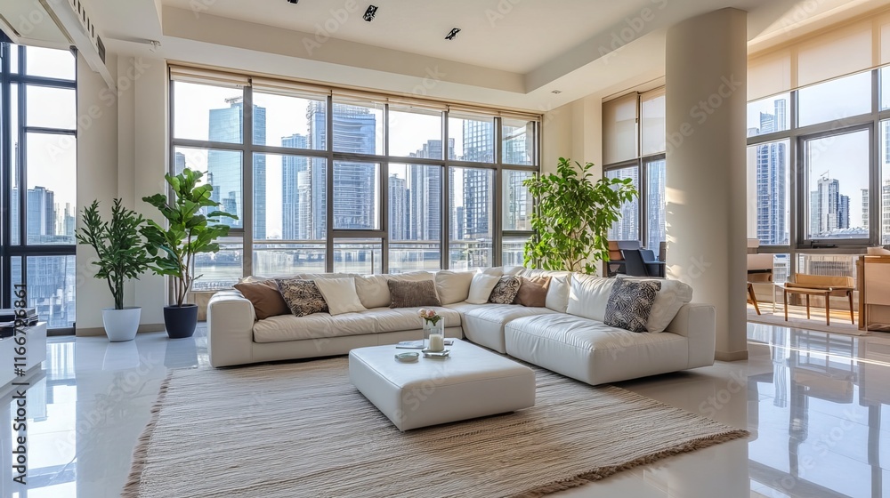 Fototapeta premium A cozy living area boasts a white sofa and stylish cushion. Ample windows flood the room with natural light, lending a soothing ambiance to any hotel or apartment. 