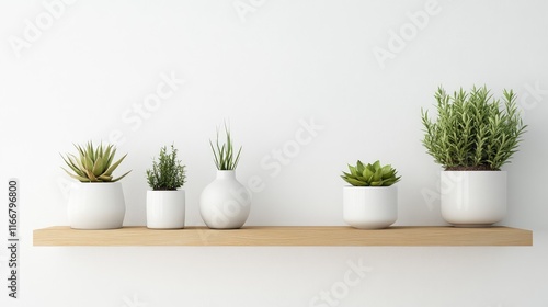 Wallpaper Mural Modern Wooden Shelf Decorated with Succulent Plants Against a Minimalist White Wall for Stylish Interior Design Display Torontodigital.ca