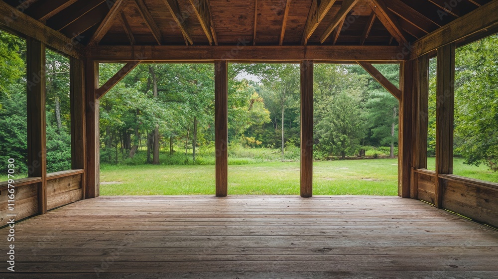 Serene Wooden Pavilion Overlooking Lush Green Landscape and Tranquil Grassland Serene Wooden Pavilion Overlooking Lush Green Landscape and Tranquil Grassland