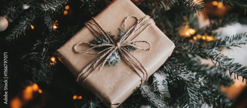 Christmas gift wrapped in brown paper with twine sitting under a decorated tree adorned with lights and ornaments for holiday celebrations photo