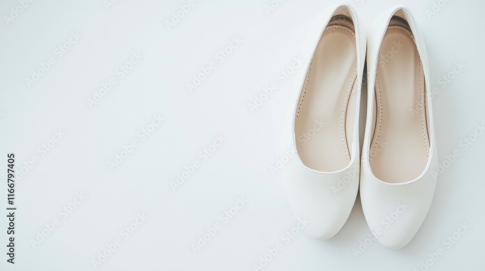 Stylish white flat shoes elegantly positioned on a clean white background for fashion and lifestyle concepts Stylish white flat shoes elegantly positioned on a clean white background for fashion and lifestyle concepts