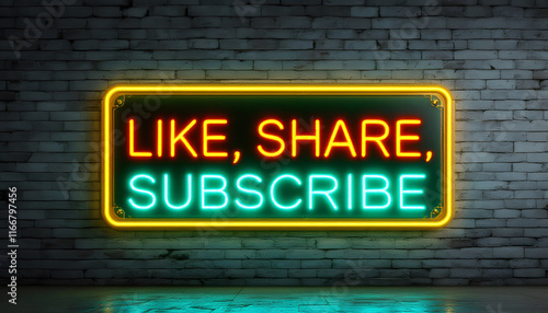 Like Share Subscribe Neon Sign on Brick Wall, Social Media Engagement, Neon Like Share Subscribe Graphic, YouTube and Social Media Promotion, Neon Sign for Engagement photo