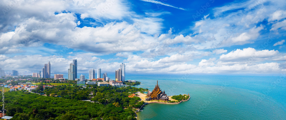 Fototapeta premium Aerial view panorama Pattaya with Sanctuary of Truth wooden temple on beach of Chonburi, Thailand