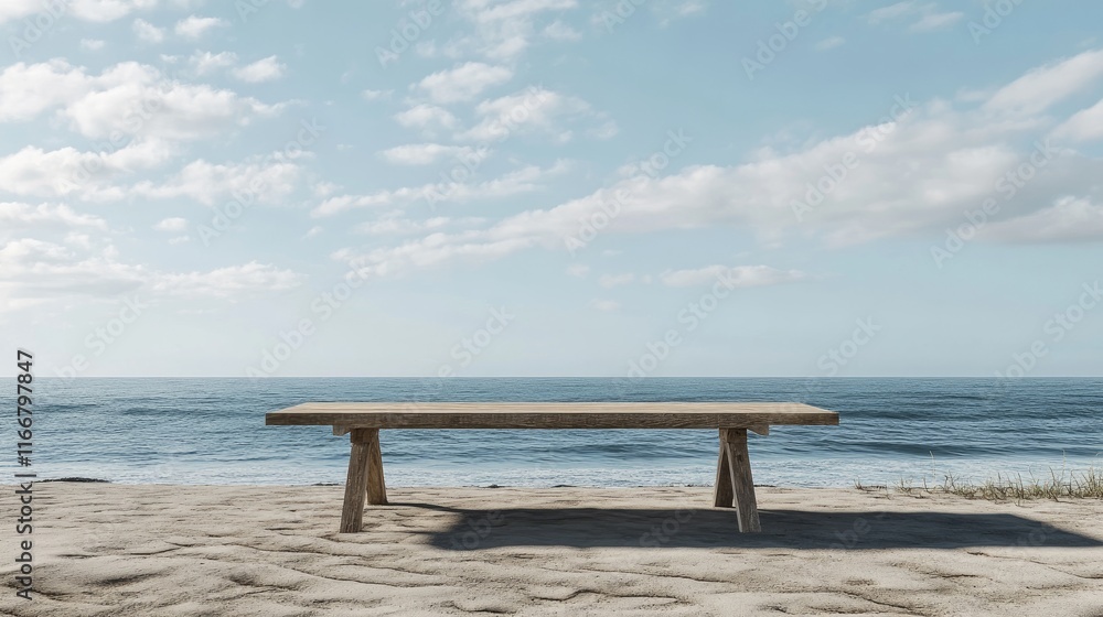 Wooden Table Mockup on Serene Beach with Overcast Sky and Tranquil Ocean Horizon Wooden Table Mockup on Serene Beach with Overcast Sky and Tranquil Ocean Horizon
