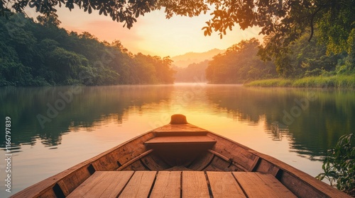 Serene morning river view from a wooden boat with lush greenery and tranquil waters ideal for travel and vacation themes photo