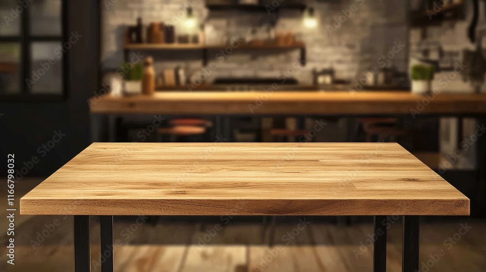 Wooden Table Ready for Product Display in Rustic Kitchen with Blurred Background Ideal for Advertising and Marketing Use