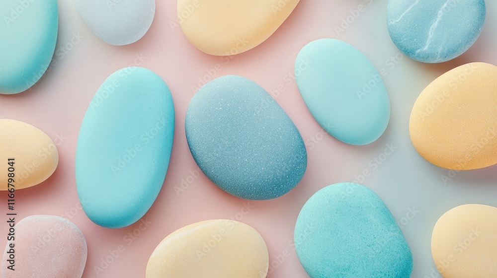 Flat Lay of Colorful Polished Sea Stones on Soft Gradient Background for Art and Design Projects Flat Lay of Colorful Polished Sea Stones on Soft Gradient Background for Art and Design Projects