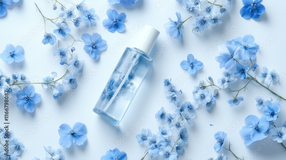 Flat lay arrangement featuring clear cosmetic bottles surrounded by delicate blue floral blossoms on a white background Flat lay arrangement featuring clear cosmetic bottles surrounded by delicate blue floral blossoms on a white background
