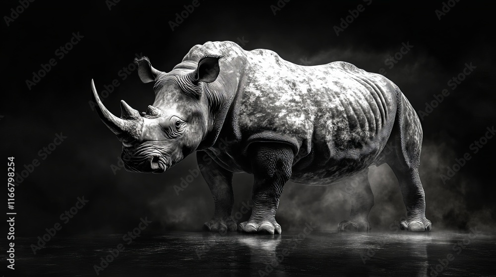Fototapeta premium A majestic yet formidable creature, the mighty African rhino commands attention with its captivating presence. Its robust frame and distinct features, including its horned countenance