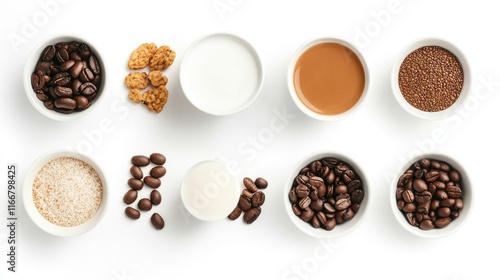 Coffee brewing essentials arranged in bowls with coffee beans, milk, and cereals on a clean white surface for breakfast inspiration. photo