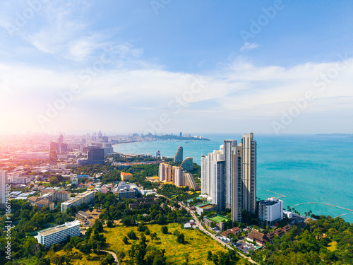 Aerial view daytime panorama of Beach with skyscrapers hotels in Pattaya, Chonburi, Thailand photo