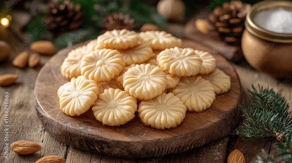 Traditional Christmas butter cookies arranged on a wooden board with almonds and festive decorations in the background. Traditional Christmas butter cookies arranged on a wooden board with almonds and festive decorations in the background.