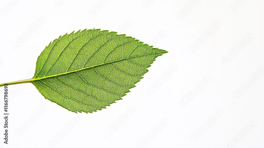 Obraz premium Fresh Green Leaf Isolated on White Background Showing Natural Textures and Details