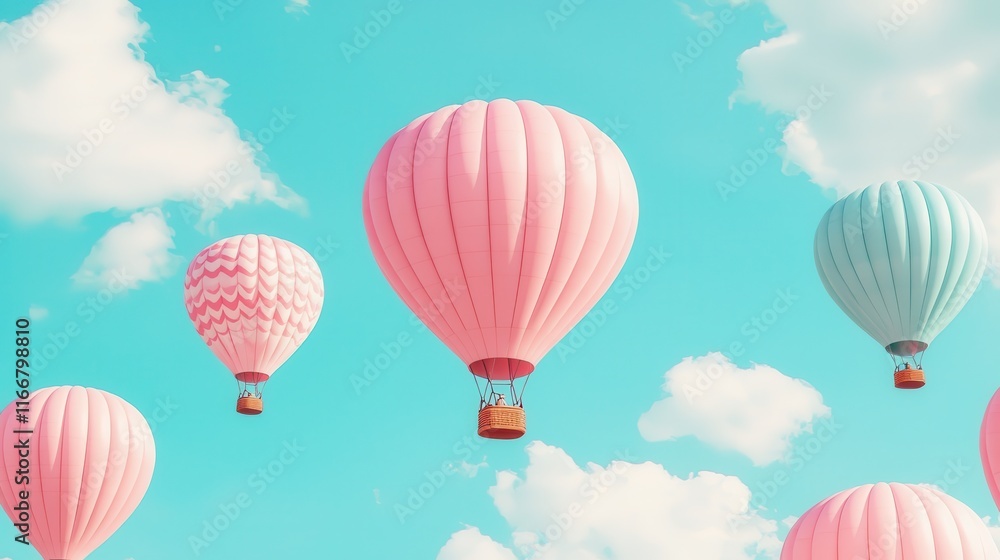 Obraz premium Colorful Hot Air Balloons Floating in a Clear Sky with Soft Clouds, Perfect for Travel and Adventure Themes, Evoking a Sense of Freedom and Exploration