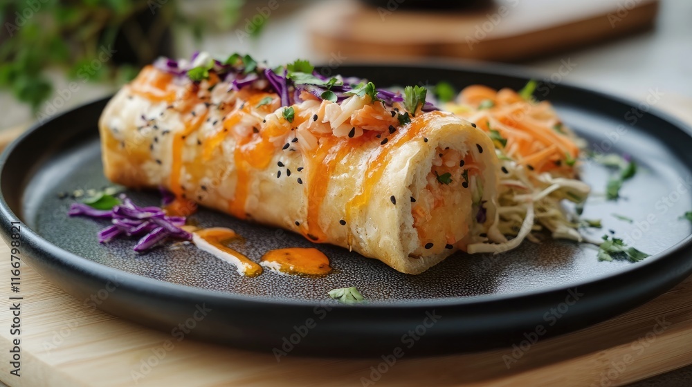 Delicious fresh cheese roll topped with vibrant coleslaw and zesty orange sauce on a stylish plate Delicious fresh cheese roll topped with vibrant coleslaw and zesty orange sauce on a stylish plate