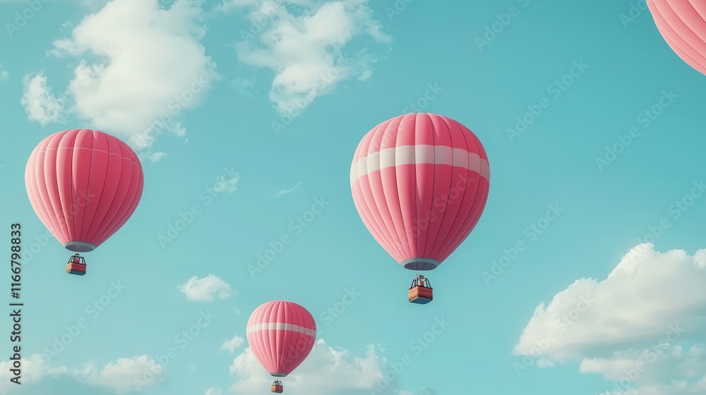Obraz premium Vibrant Hot Air Balloons Soaring Against a Clear Blue Sky with Soft White Clouds, Creating a Dreamy and Serene Outdoor Scene of Adventure and Freedom
