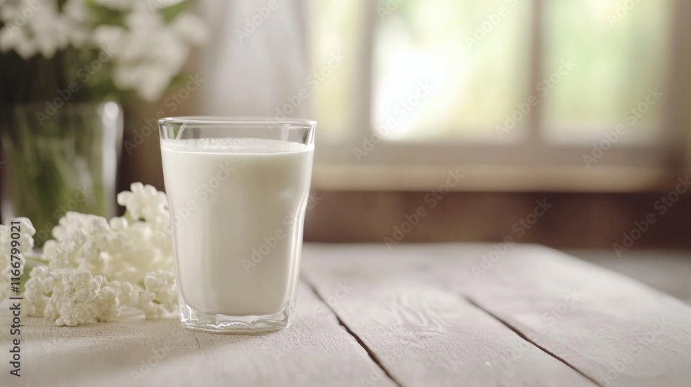 Freshly poured milk in glass on rustic wooden table with white flowers and soft natural light ambiance. Perfect for dairy themed visuals. Freshly poured milk in glass on rustic wooden table with white flowers and soft natural light ambiance. Perfect for dairy themed visuals.