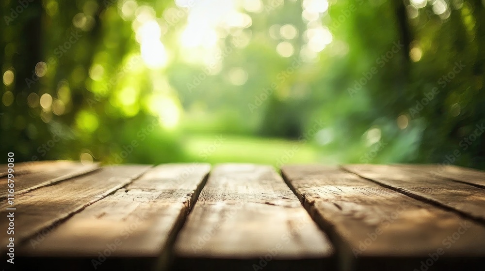 Wooden Table Surrounded by Lush Greenery in a Soft Focus Natural Background Ideal for Forest or Outdoor Theme Photography Wooden Table Surrounded by Lush Greenery in a Soft Focus Natural Background Ideal for Forest or Outdoor Theme Photography