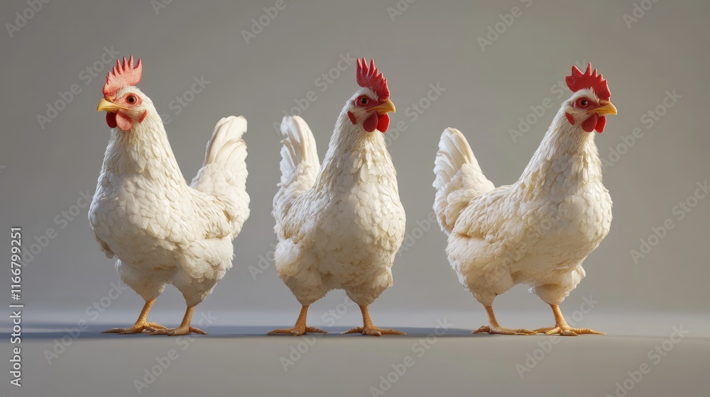 Fototapeta premium Realistic representation of three fresh chickens showcasing their distinctive features and posture against a neutral background.