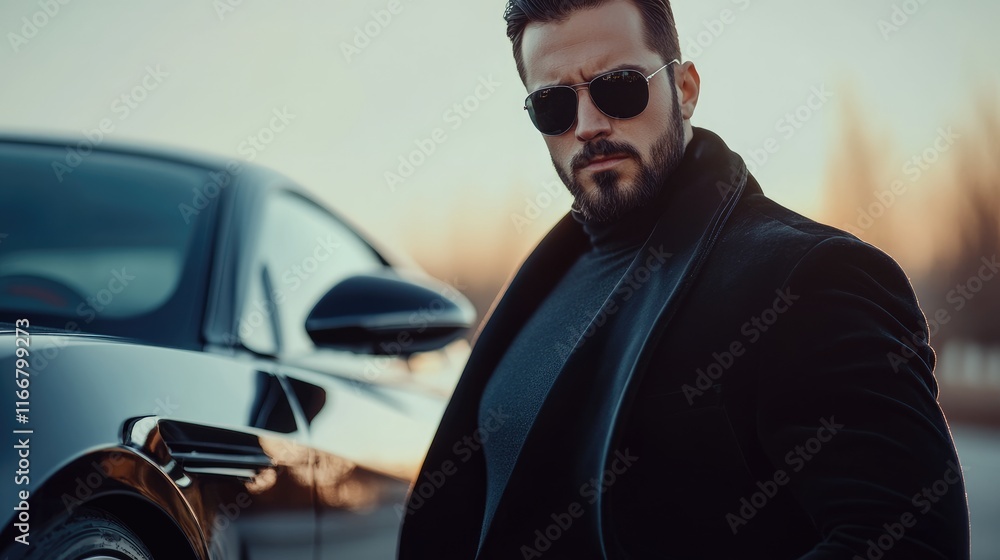 Stylish man in sunglasses posing confidently beside a sleek luxury car during golden hour on a scenic road Stylish man in sunglasses posing confidently beside a sleek luxury car during golden hour on a scenic road