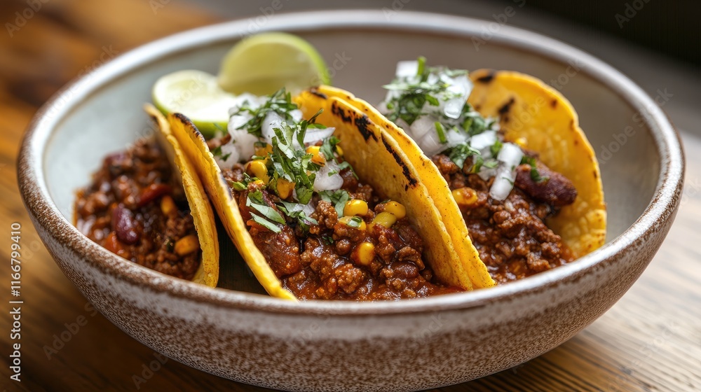 Savory Mexican beef chili tacos with fresh toppings and spices served in a rustic bowl on a wooden table Savory Mexican beef chili tacos with fresh toppings and spices served in a rustic bowl on a wooden table