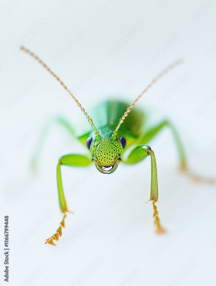 Close-up of a vibrant green insect on a white background Close-up of a vibrant green insect on a white background
