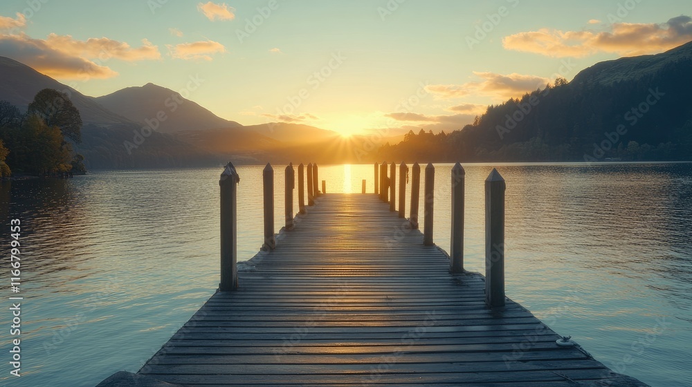 Serene sunset view from an empty wooden pier surrounded by tranquil water and mountains creating a picturesque landscape. Serene sunset view from an empty wooden pier surrounded by tranquil water and mountains creating a picturesque landscape.