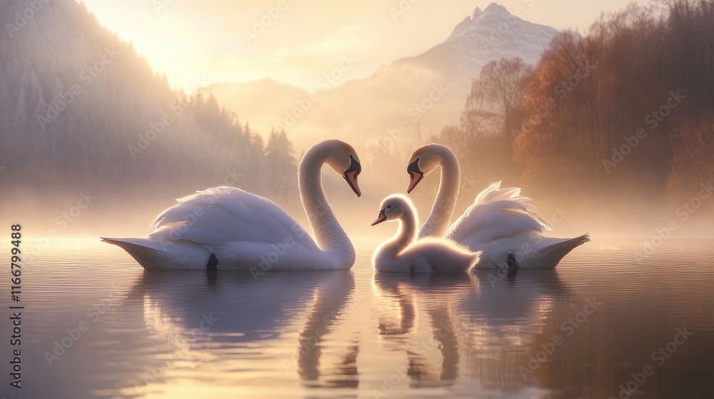 Fototapeta premium Serene family of swans gracefully gliding on a misty lake at dawn with majestic mountains in the background