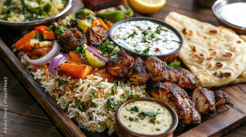 Colorful Indian Biryani Platter with Spiced Chicken Lamb Fish Vegetables Yogurt Naan Lemon and Rice on a Rustic Wooden Table Colorful Indian Biryani Platter with Spiced Chicken Lamb Fish Vegetables Yogurt Naan Lemon and Rice on a Rustic Wooden Table