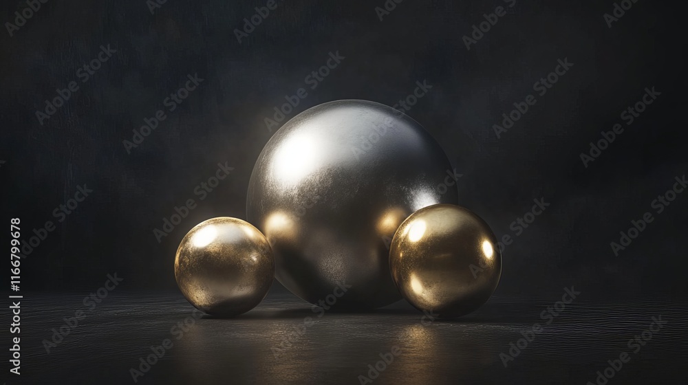 A silver ball rests beside two smaller golden spheres against a black void. Together, these orbs, symbols of abstract geometry, seem to float in an ethereal space. A silver ball rests beside two smaller golden spheres against a black void. Together, these orbs, symbols of abstract geometry, seem to float in an ethereal space.
