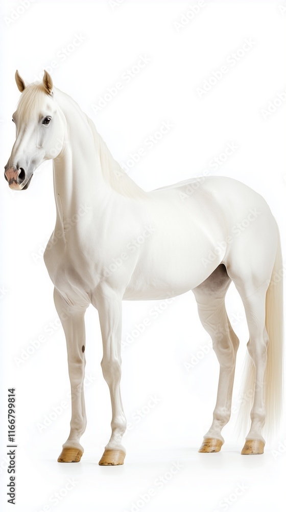 Obraz premium Majestic white horse standing on a white background