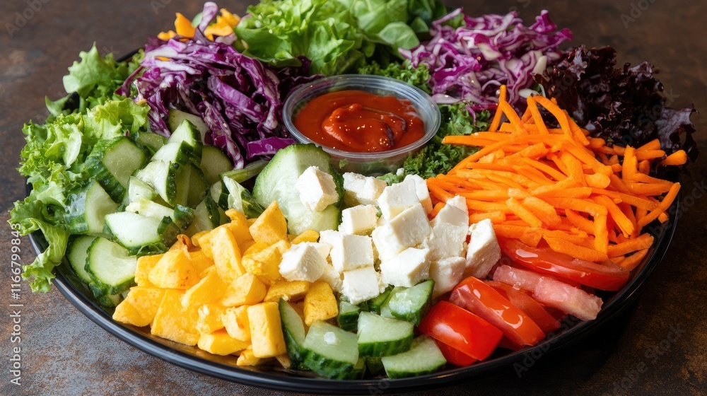Vibrant Salad Platter with Fresh Vegetables and Cheese Garnished with Dressing Vibrant Salad Platter with Fresh Vegetables and Cheese Garnished with Dressing