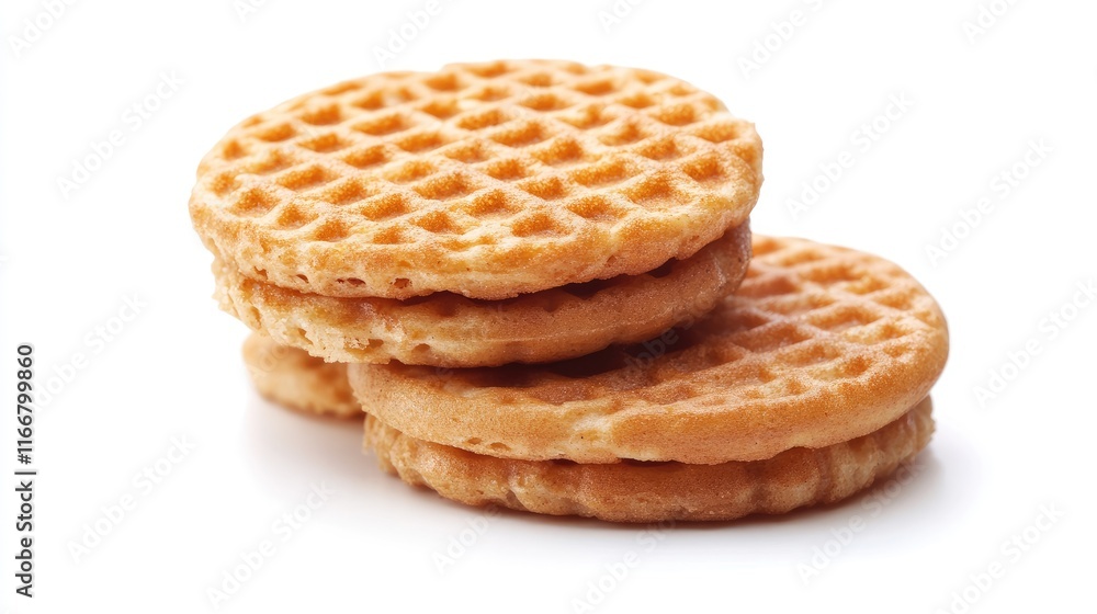 Crispy golden waffles stacked on a white background perfect for breakfast or dessert presentations Crispy golden waffles stacked on a white background perfect for breakfast or dessert presentations