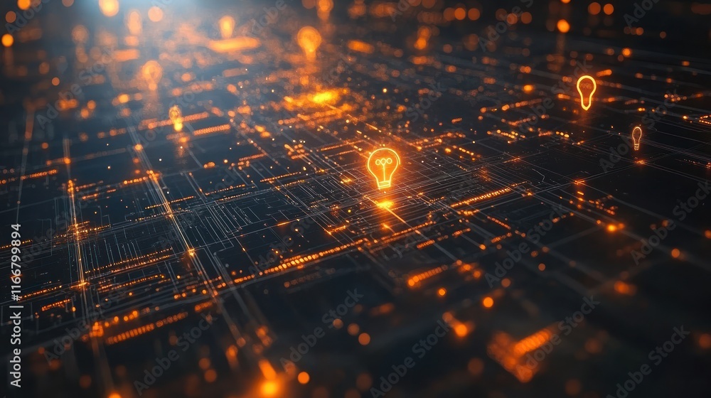 Glowing lightbulbs on digital network.