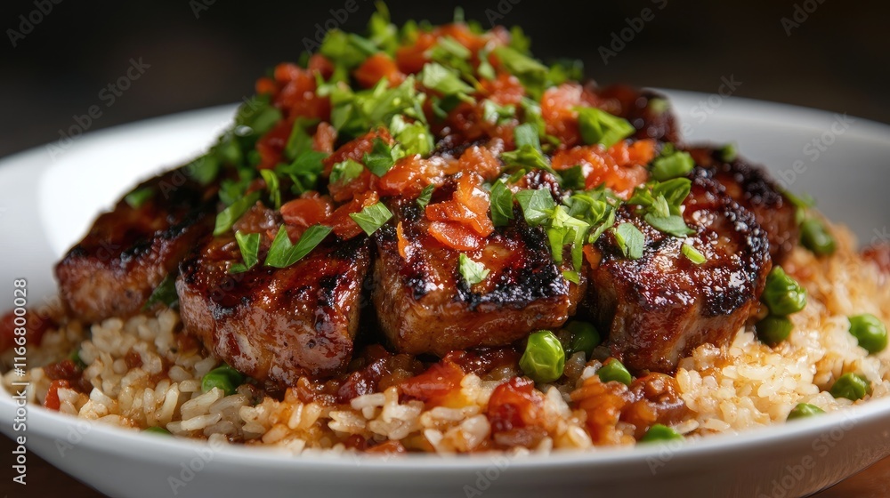Savory Baked Pork Chop Rice Garnished with Fresh Herbs and Vegetables in a Bowl Savory Baked Pork Chop Rice Garnished with Fresh Herbs and Vegetables in a Bowl