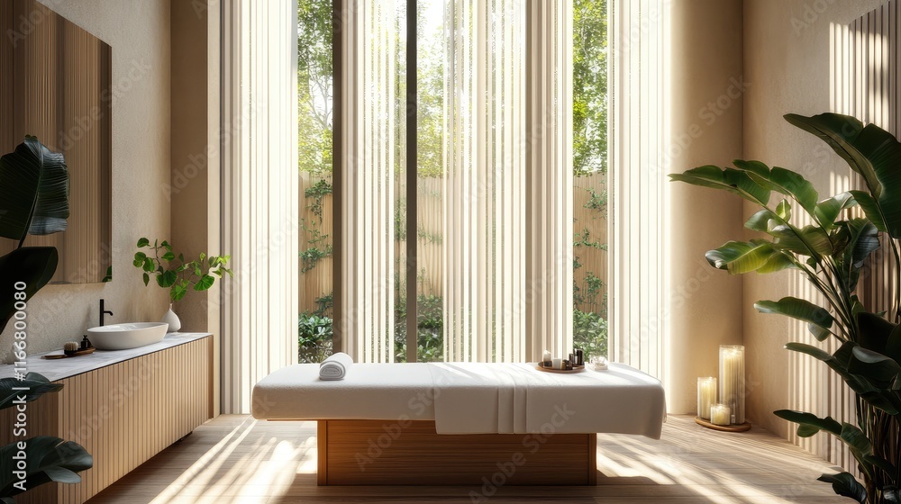 Serene minimalist spa interior with a massage bed near large windows showcasing calming natural light and lush greenery for relaxation ambiance. Serene minimalist spa interior with a massage bed near large windows showcasing calming natural light and lush greenery for relaxation ambiance.