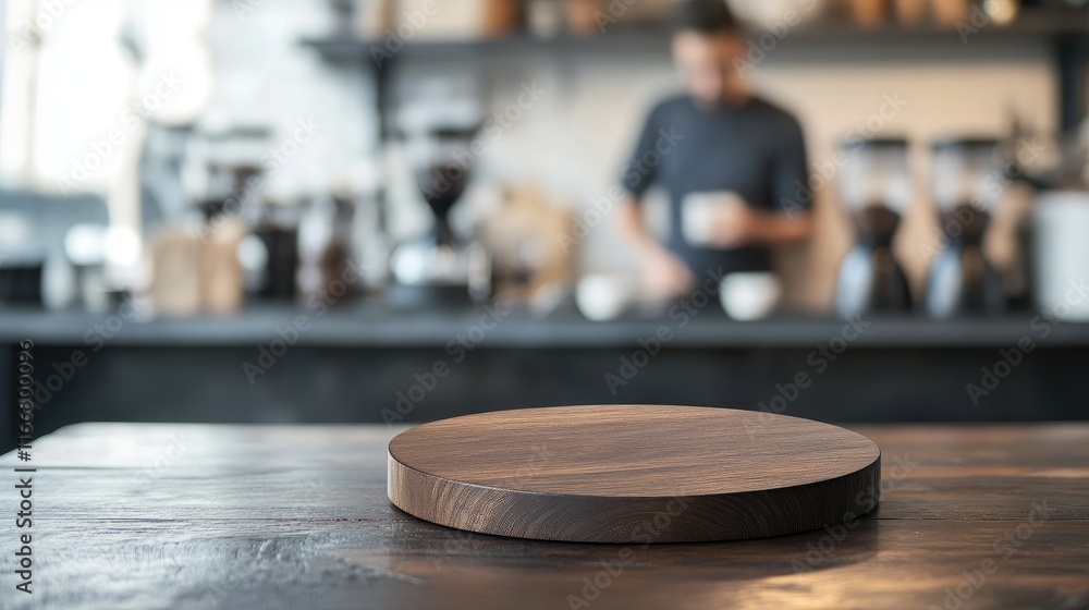 Wooden Table with Blurred Background of Barista Preparing Coffee in a Cafe Environment Wooden Table with Blurred Background of Barista Preparing Coffee in a Cafe Environment