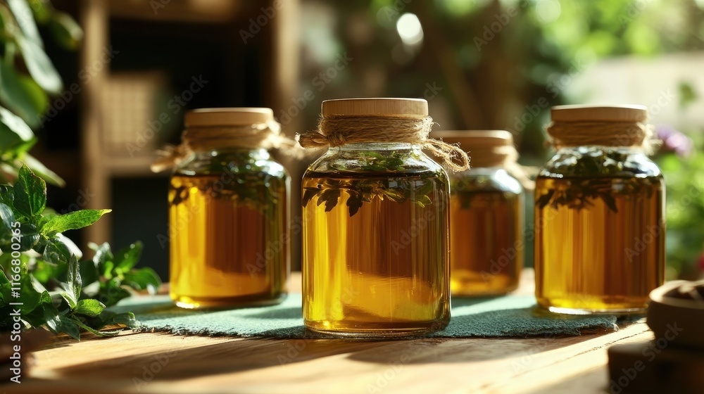 Infused olive oil jars featuring aromatic herbs for massage and meditation in a natural setting with soft lighting and greenery. Infused olive oil jars featuring aromatic herbs for massage and meditation in a natural setting with soft lighting and greenery.