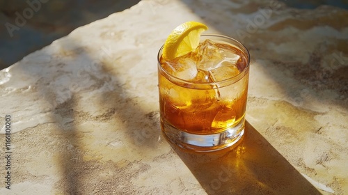Refreshing iced tea cocktail garnished with lemon slice served on textured stone table in rustic style with soft natural lighting.