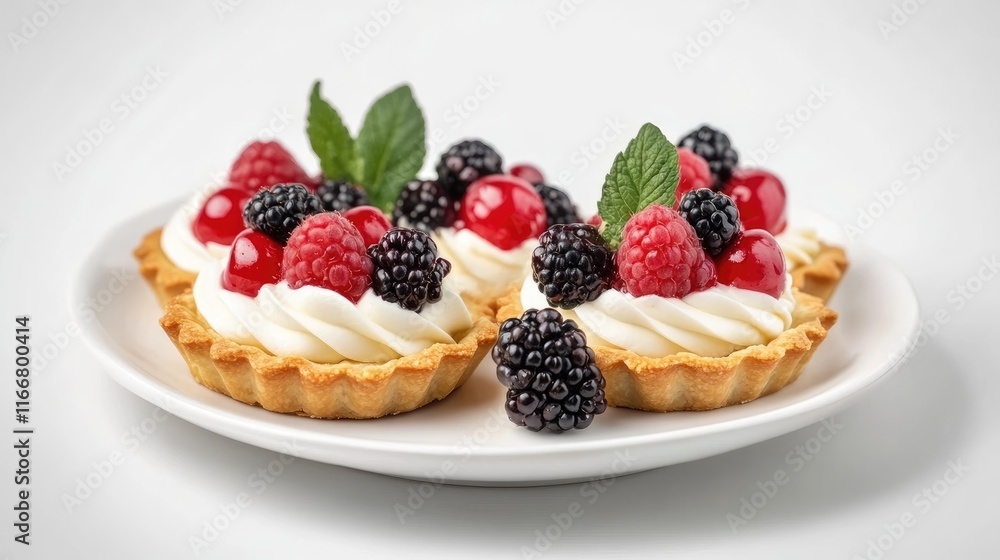 Delectable fruit tarts topped with cream and assorted berries beautifully presented on a white plate Delectable fruit tarts topped with cream and assorted berries beautifully presented on a white plate