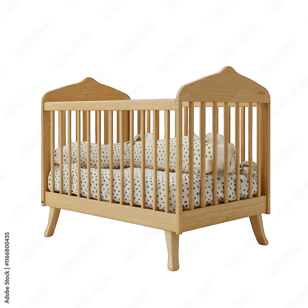 A wooden crib with a cozy mattress and patterned bedding. A wooden crib with a cozy mattress and patterned bedding.