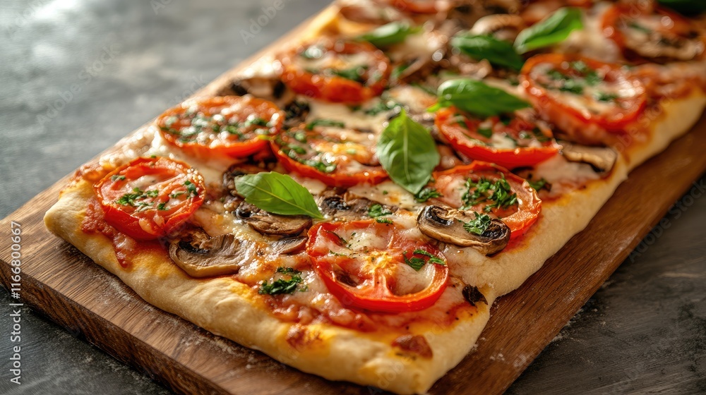 Freshly baked pizza with tomatoes, mushrooms, and basil on a wooden board showcasing vibrant colors and appetizing textures.