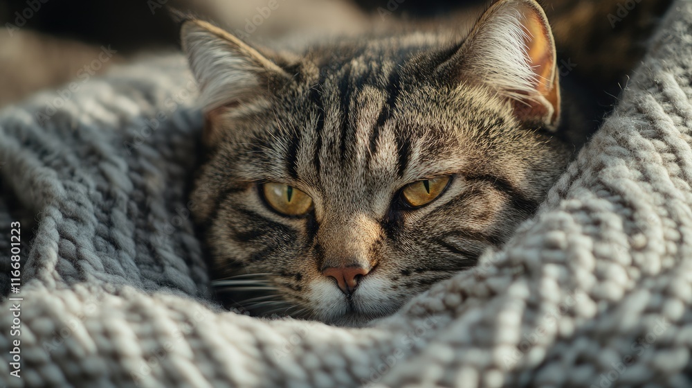 Close-up view of a relaxed tabby cat resting on a soft blanket highlighting its fur and striking yellow eyes in natural light. Close-up view of a relaxed tabby cat resting on a soft blanket highlighting its fur and striking yellow eyes in natural light.