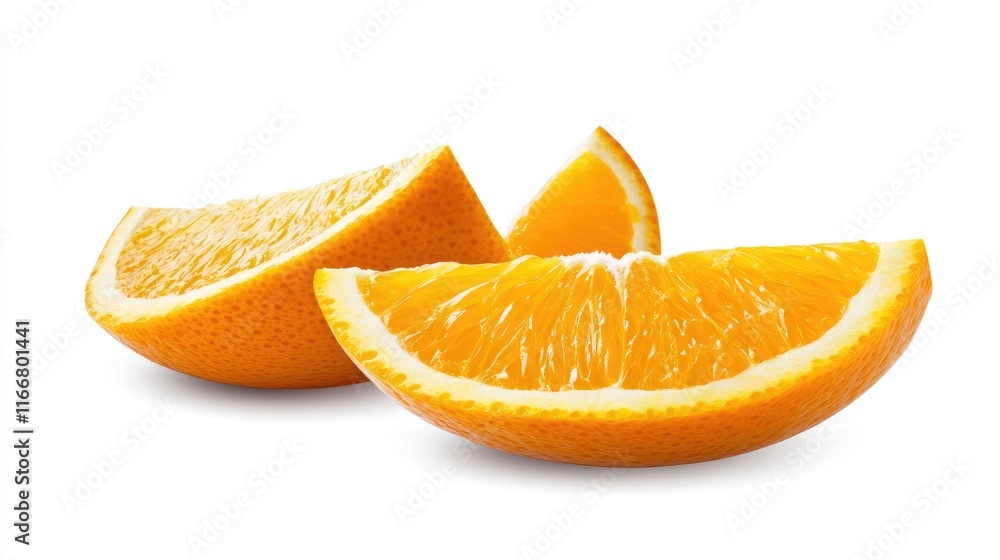Fresh ripe orange slices in various angles on a clean white background showcasing vibrant color and texture for culinary or health themes Fresh ripe orange slices in various angles on a clean white background showcasing vibrant color and texture for culinary or health themes