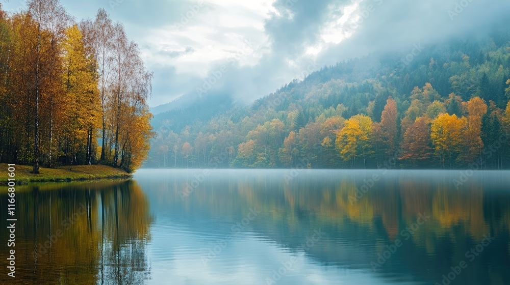 Serene lake surrounded by autumn foliage and a dramatic overcast sky reflecting on calm waters in a tranquil landscape setting. Serene lake surrounded by autumn foliage and a dramatic overcast sky reflecting on calm waters in a tranquil landscape setting.