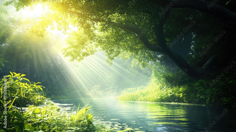 Misty river landscape with vibrant green grass illuminated by sunlight creating a serene and colorful natural scene in a lush environment Misty river landscape with vibrant green grass illuminated by sunlight creating a serene and colorful natural scene in a lush environment
