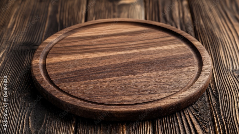 Elegant Round Wooden Platter on Rustic Wooden Table for Gourmet Food Presentation and Culinary Display Elegant Round Wooden Platter on Rustic Wooden Table for Gourmet Food Presentation and Culinary Display